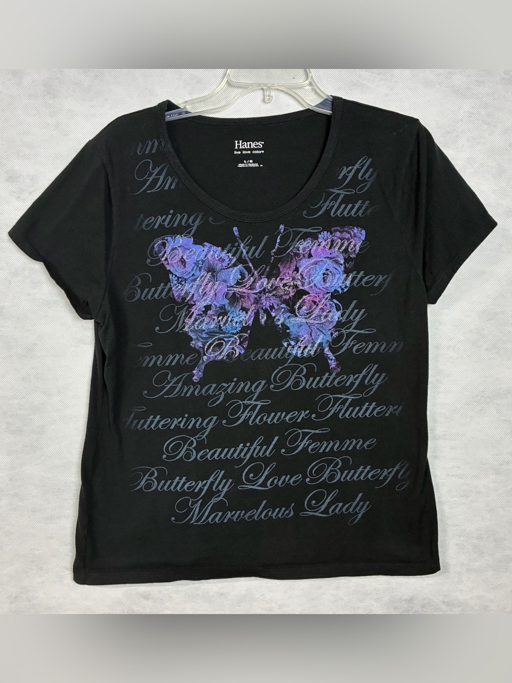 VTG Y2K Hanes Live Love Color Graphic T-Shirt Glitter Butterfly Women’s Large